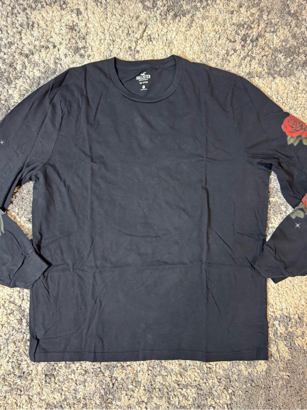 Hollister, Men's Black Long-Sleeve Graphic Tee with Rose Accent, XL